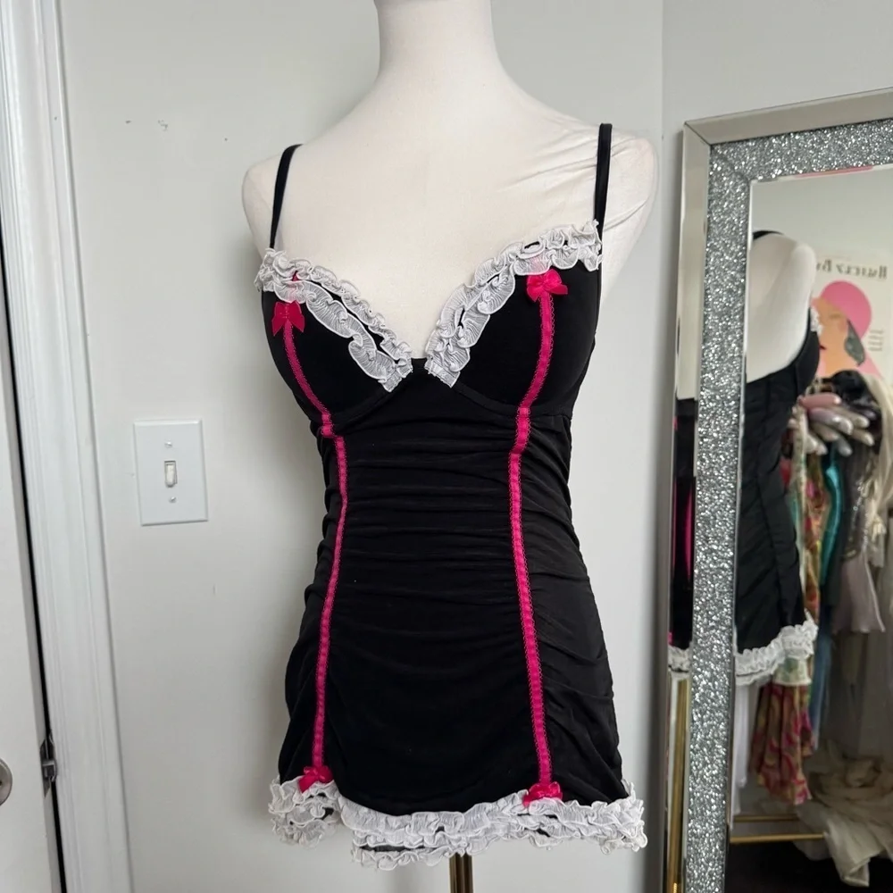 La SENZA y2k Black and Pink Chemise with Lace Trim coquette corset slip dress S - Picture 2 of 7